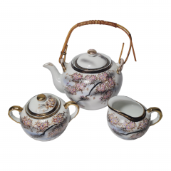 Набор для чая "Веточки сакуры", розово-черный декор, чайник, молочник, сахарница, фарфор, Китай, 1970-80гг.