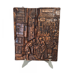 Картина-фреска винтажная с изображением городской жизни, керамика, 31 x 26 см, Германия, 1960-70гг.