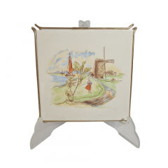 Панно винтажное Johnny-Tapete "Пейзаж с мельницей" в золотистой рамке, керамика, 16.5 х 16.5 см, Германия, 1970-80гг.