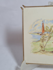 Панно винтажное Johnny-Tapete "Пейзаж с мельницей" в золотистой рамке, керамика, 16.5 х 16.5 см, Германия, 1970-80гг.