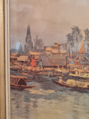 Картина винтажная "Пейзаж с лодками в Тайланде", масло, 51,5 x 45 см, Германия, 1960-70гг.