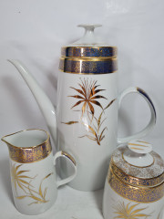 Набор для чая винтажный Lichte с золотым растительным декором, ручная роспись, костяной фарфор, чайник, молочник, сахарница, ГДР, 1970-80гг.