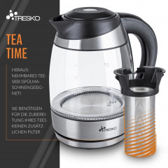 TRESKO TRESKO Wasserkocher 1,8 l 2200 W Edelstahl aus Glas mit Teesieb und Kalkfilter, 1,8 l, 2200 W, Teekocher Чайник TRESKO 1,8 л, 2200 Вт, стекло нержавеющая сталь, с ситечком для чая и фильтром от накипи, 1,8 л, 2200 Вт, чайник