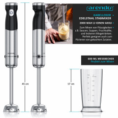 Arendo Arendo Stabmixer, 200 W, kabellos, Edelstahl, Purierstab mit Akku, inkl. 600 ml Messbecher  Ручной блендер Arendo, 200 Вт, беспроводной, нержавеющая сталь, ручной блендер с аккумулятором, включая мерный стакан емкостью 600 мл.