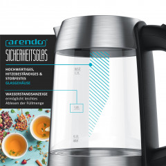 Arendo Arendo Wasserkocher, 1,7 l, 2200 W, Edelstahl, Glaswasserkocher, automatische Abschaltung, Kalkfilter, LED silberfarben Чайник Arendo 1,7 л, 2200 Вт, стеклянный чайник из нержавеющей стали, с автоматическим отключением, фильтром от накипи, светодио