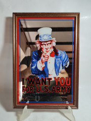 Картина-постер винтажная "I want you for U.S.Army" с изображением Дяди Сэма, зеркало, дерев.рама, 34 х 24 см, Германия, 1960-70гг.