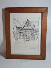 Картина винтажная D.Schild с изображением немецкого домика, графика, в дерев.раме под стеклом, 46 х 36 см, Германия, 1996 г.