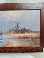 Картина винтажная Im Stil C.Stenton "Пейзаж с мельницей", деревянная рама, 17 х 12 см, Германия, 1960-70гг.