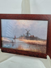 Картина винтажная Im Stil C.Stenton "Пейзаж с мельницей", деревянная рама, 17 х 12 см, Германия, 1960-70гг.