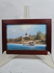 Картина винтажная Im Stil C.Stenton "Пейзаж с лодкой и маяком", деревянная рама, 17 х 12 см, Германия, 1960-70гг.