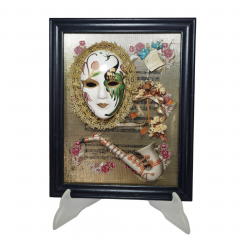 Картина винтажная "Композиция с маской и саксофоном", объемное декорирование, дерев.рама, 25.5 х 20 см, Германия, 1960-70гг.