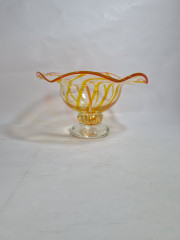 Фруктовница винтажная Im Stil Artisan большая, на ножке, с желтыми полосками, стекло, 23 см, Германия, 1970-80гг.