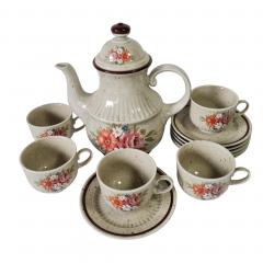 Набор чайный винтажный Winterling Marktleuthen Bavaria  в бежевых тонах с крапинками и яркими цветами: чайник, чашки и блюдца, керамика, Германия, 1960-70гг.
