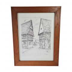 Картина винтажная "Немецкие домики", худ.D.Schild, графика, в раме, под стеклом, 46 х 35.5 см, Германия, 1994 год.