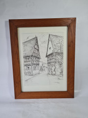 Картина винтажная "Немецкие домики", худ.D.Schild, графика, в раме, под стеклом, 46 х 35.5 см, Германия, 1994 год.