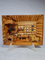 Панно-румбокс винтажное объемное "Комната в бревенчатой хате", Сувенир Скава, дерево, детализация, 27.5 х 21 х 5.5 см, Польша, 1980-90гг.
