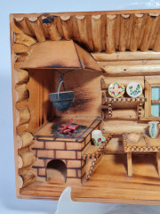 Панно-румбокс винтажное объемное "Комната в бревенчатой хате", Сувенир Скава, дерево, детализация, 27.5 х 21 х 5.5 см, Польша, 1980-90гг.
